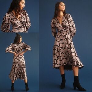 Anthropologie caballero Burnout satin Floral Wrap Dress size large dark romantic